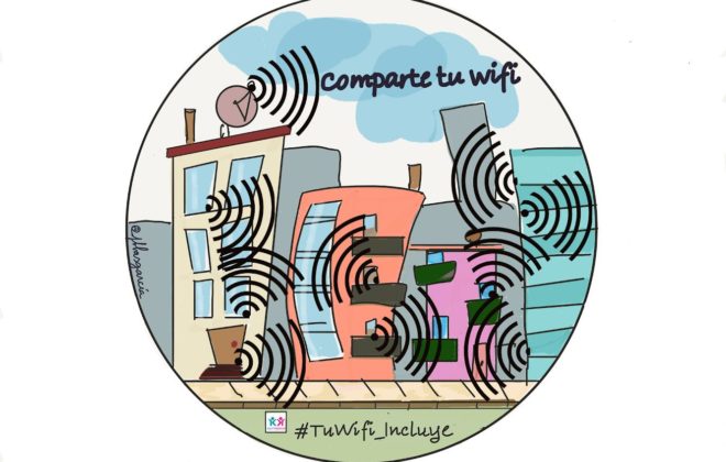 la imagen muestra una zona residencial con las ondas wifis por todas partes