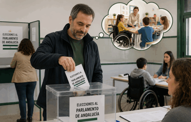 persona votando en las elecciones al parlamento andaluz pensando que se puede trasformar la escuela hacia la inclusión